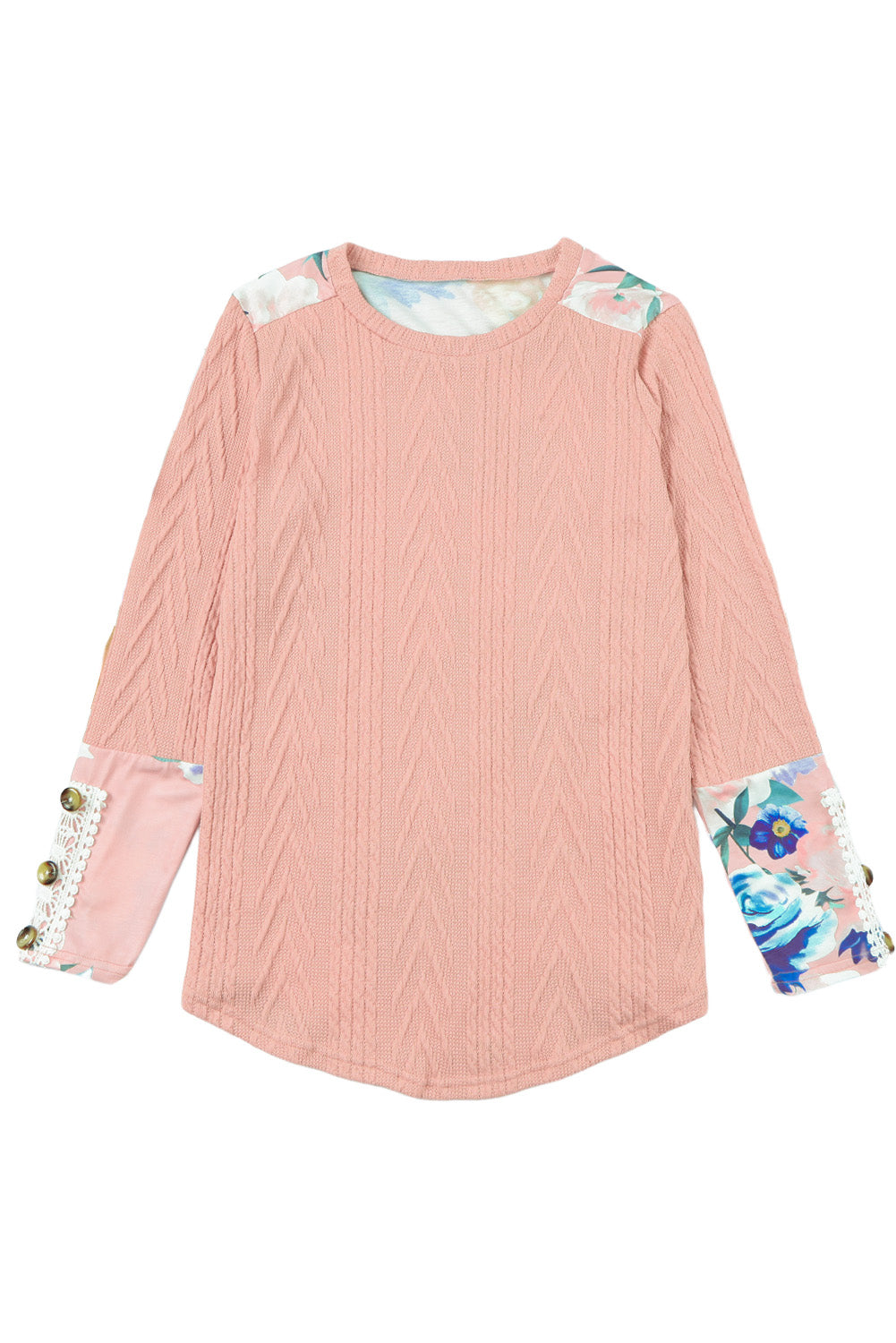 Pink Floral Lace Patchwork Knitted Long Sleeve Top