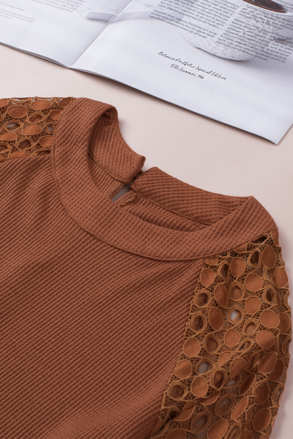 Brown Lace Contrast Long Sleeve Waffle Knit Top