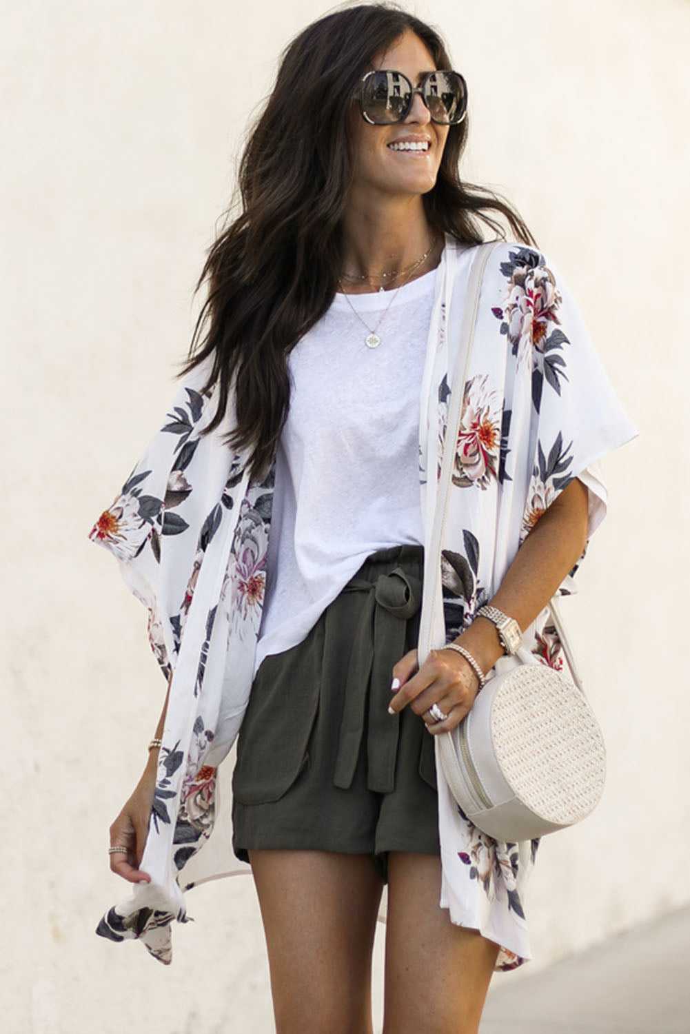 White Floral Print Summer Kimono
