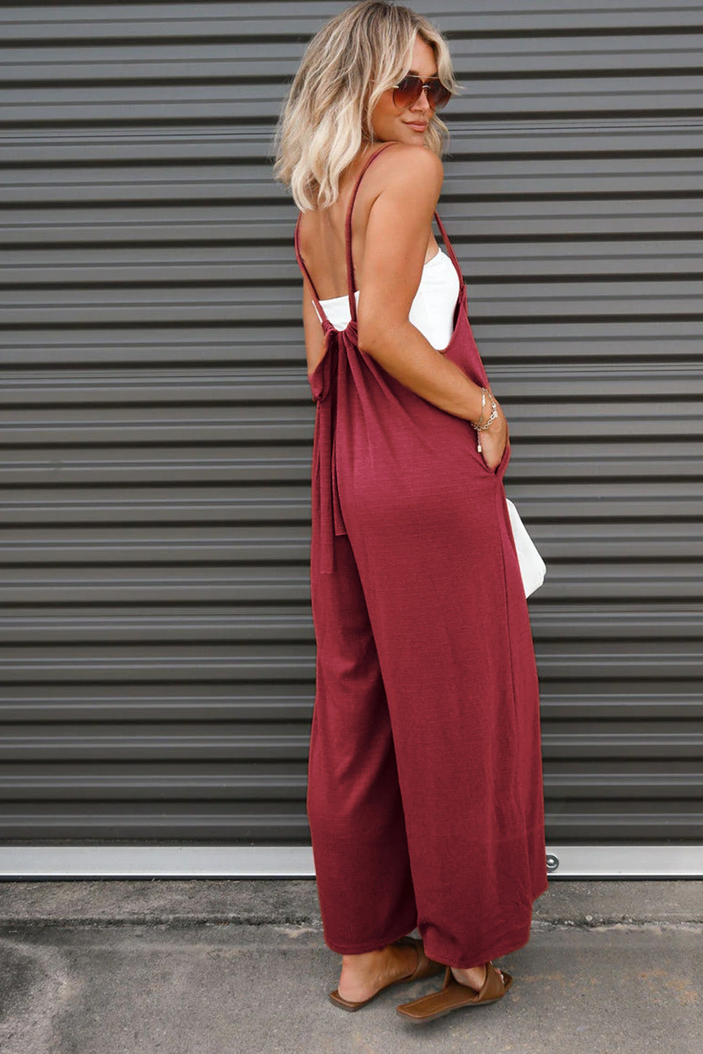 Gray Solid Spaghetti Strap Wide Leg Overall