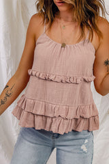 Pink Tiered Ruffled Spaghetti Straps Tank Top