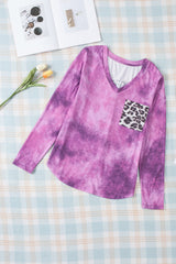 Rose Tie Dye Leopard Patchwork Pocket V Neck Top
