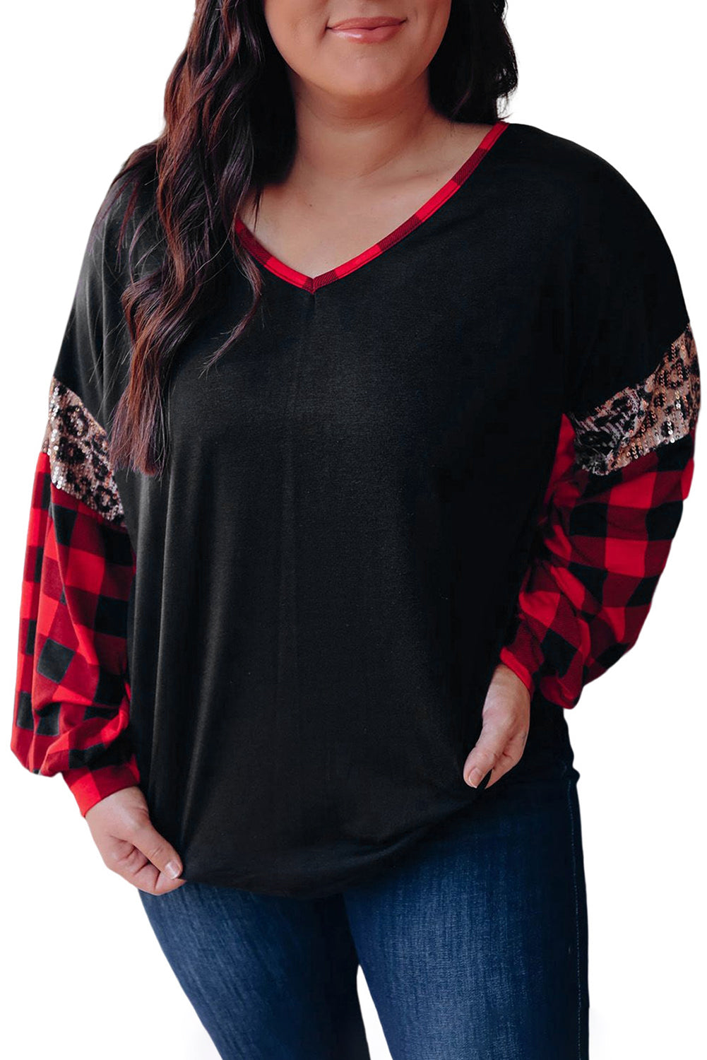 Black Sequined Leopard Insert Plaid Sleeve Plus Size Top