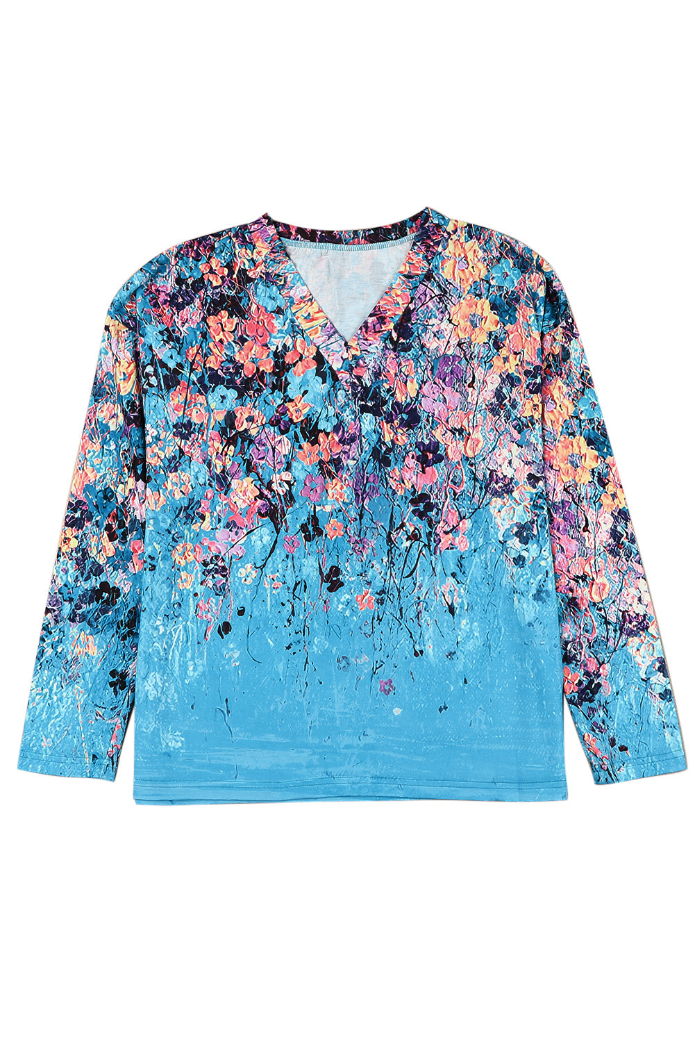 Blue Floral Print V Neck Long Sleeve Top