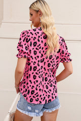 Pink Leopard Notch Neck Bubble Sleeve Blouse