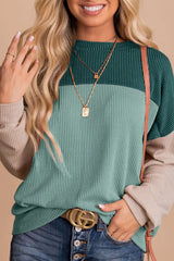 Green Color Block Long Sleeve Ribbed Loose Top