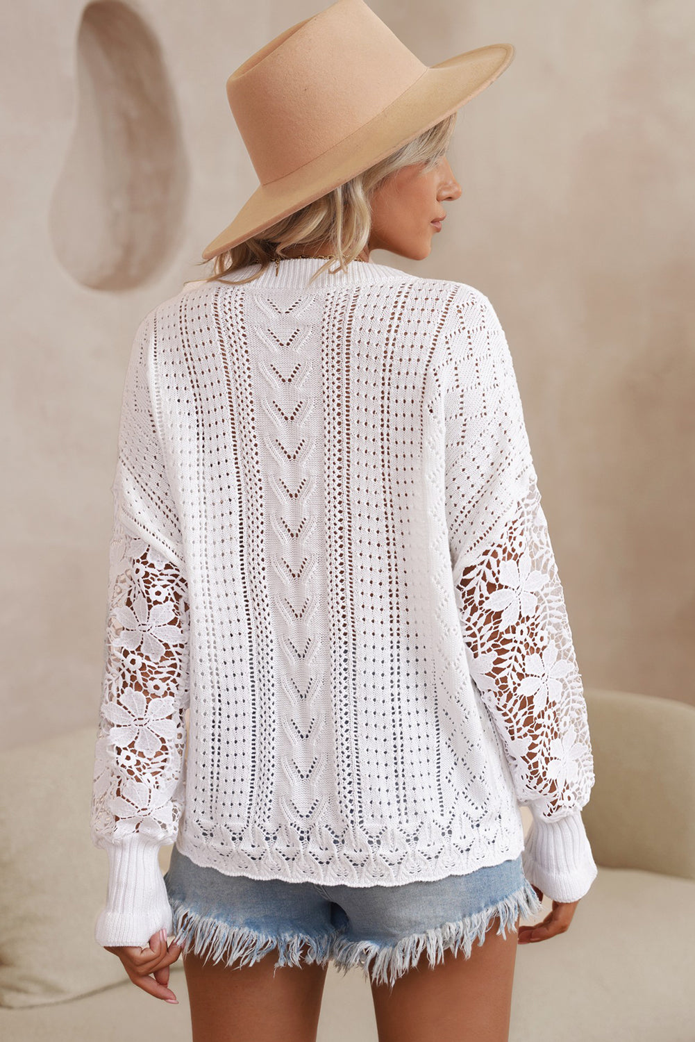 White Lace Crochet Hollow Out Knit Buttoned Sweater