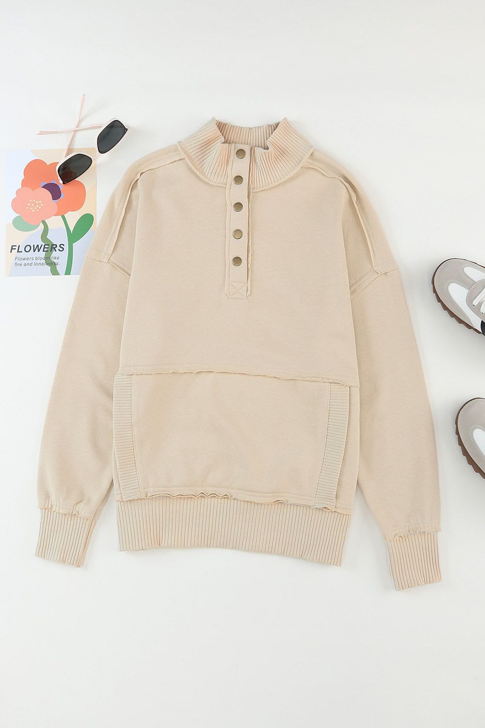 Khaki Ribbed Hem Snap Button Neckline Sweatshirt with Pocket