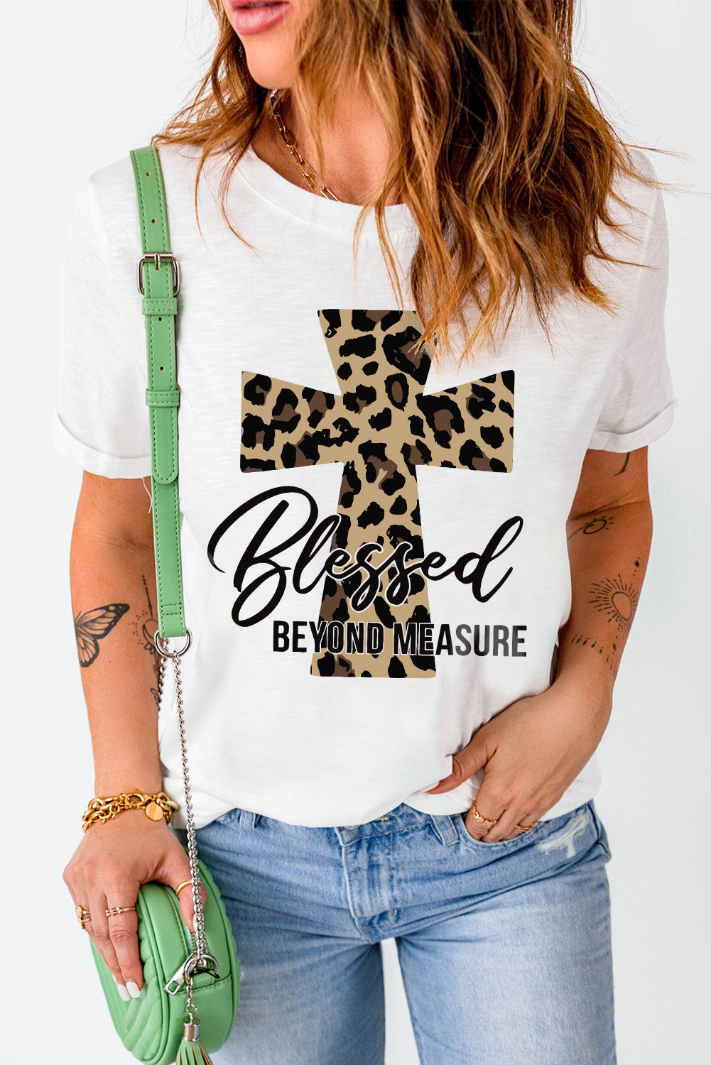 White Blessed Leopard Cross Graphic T Shirt