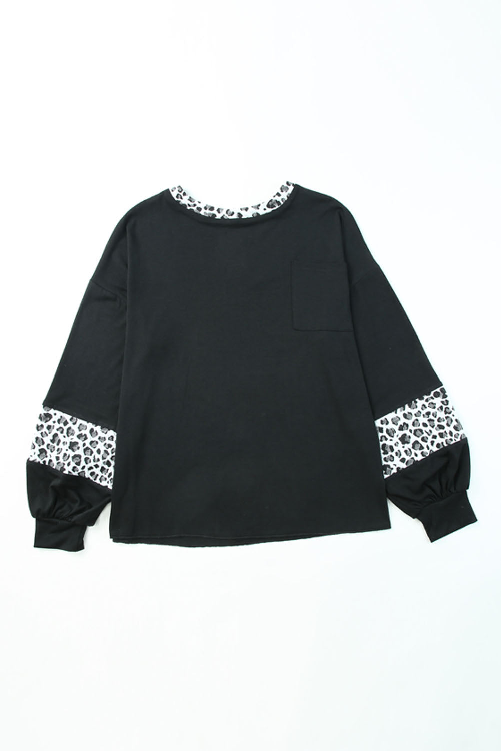 Black Leopard Print Balloon Sleeve Crew Neck Top