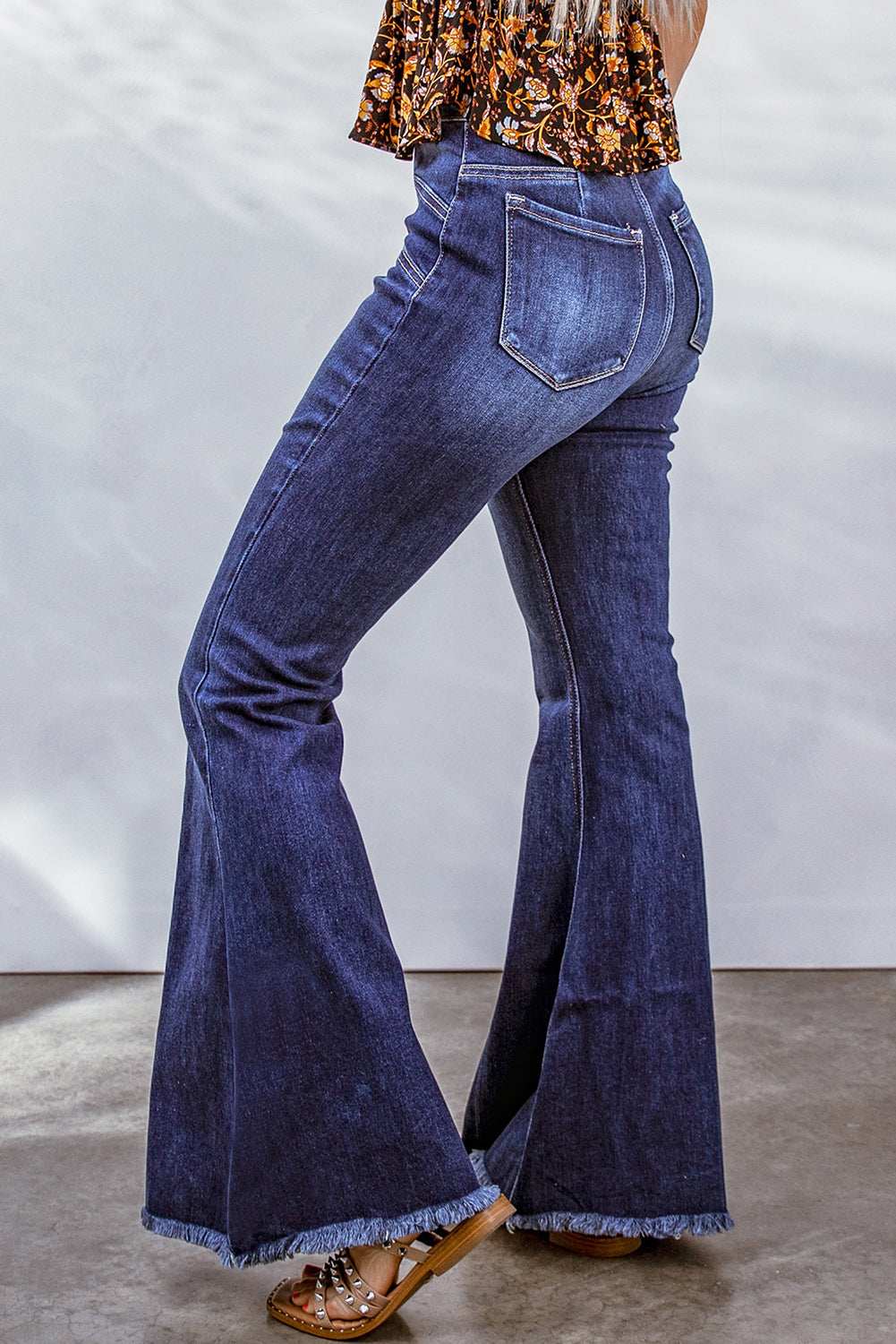 Blue Seamed Raw Hem Flare Jeans