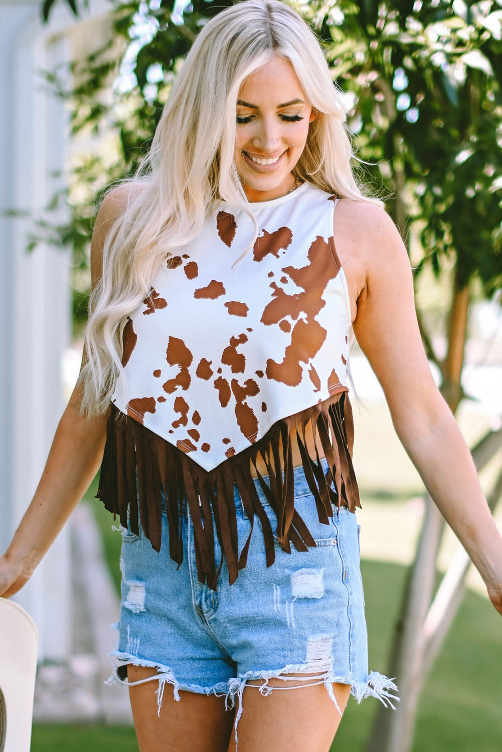 White Cow Printed Fringe Hem Tank Top