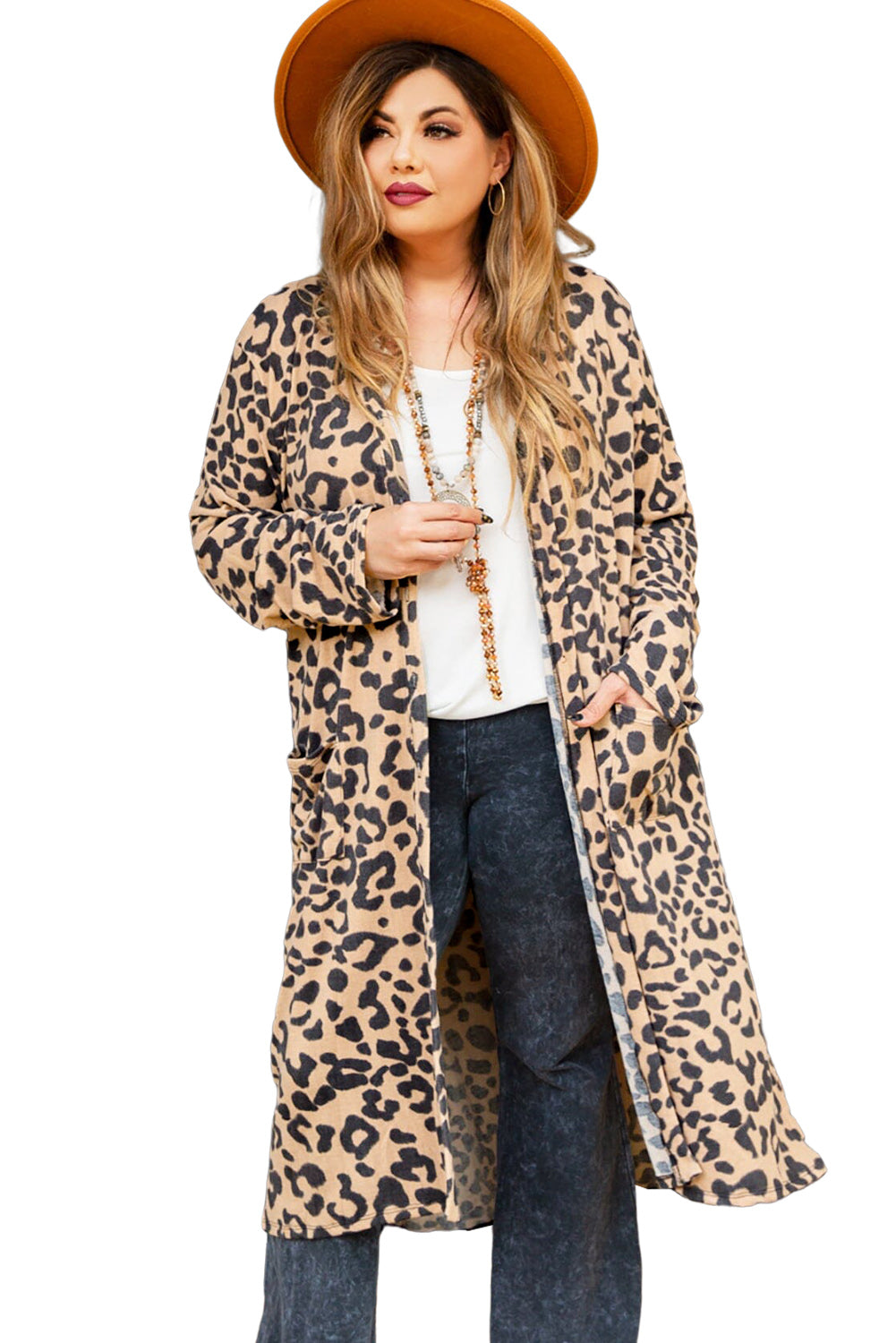 Leopard Plus Size Open Front Pocketed Long Cardigan