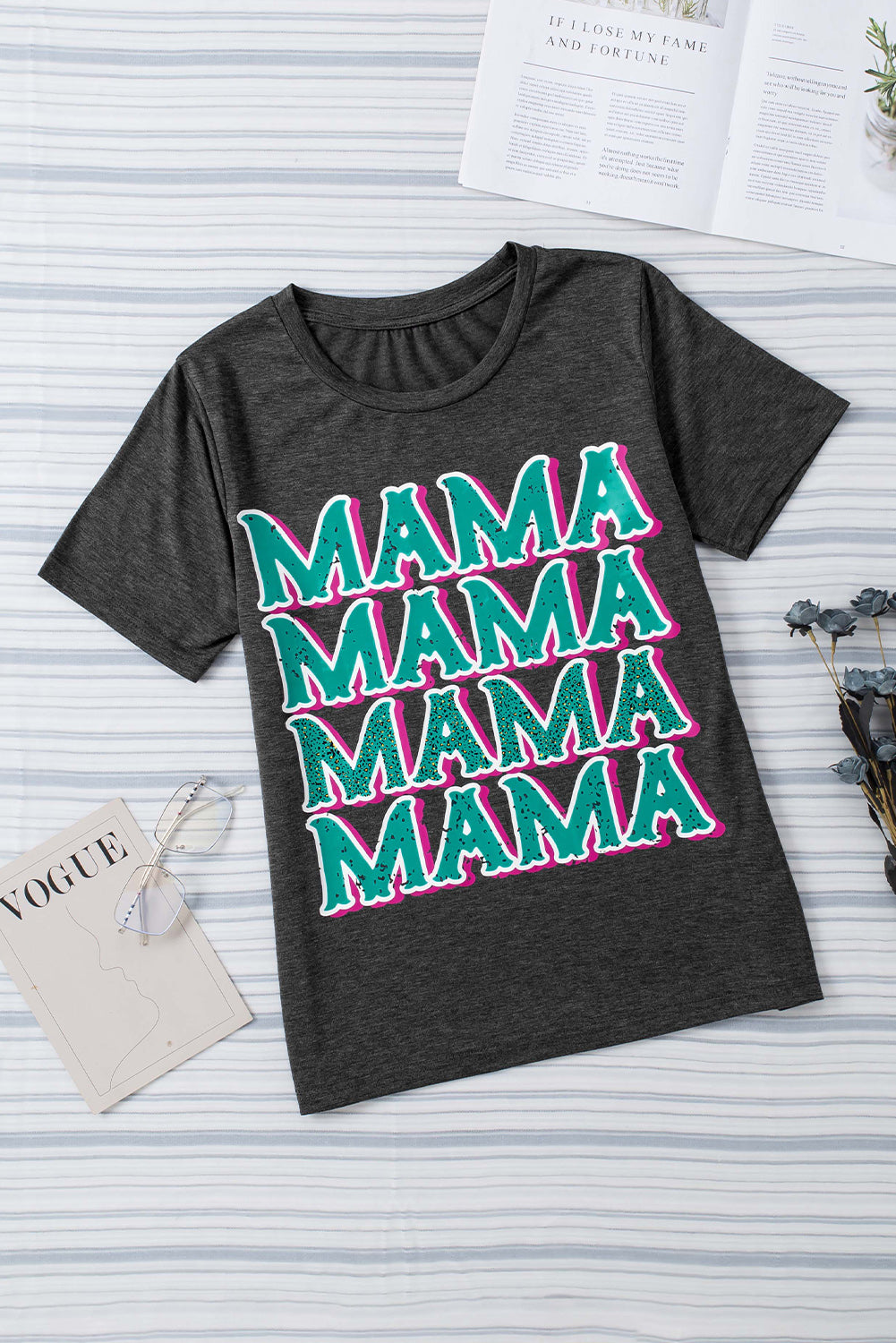 Black MAMA Letter Print Vintage Leopard Graphic T Shirt