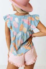 Sky Blue Splotches Pattern Ruffled Cap Sleeve Shift Top