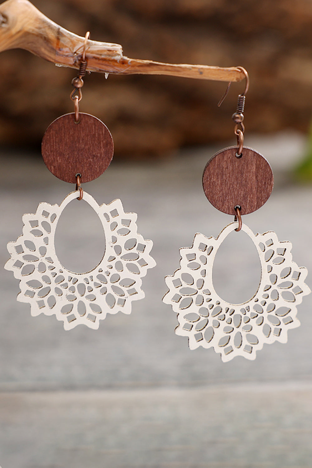 White Hollowed Flower Round Wood Pendant Earrings