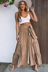 Khaki Lace up Smocked Waist Tiered Wide Leg Pants