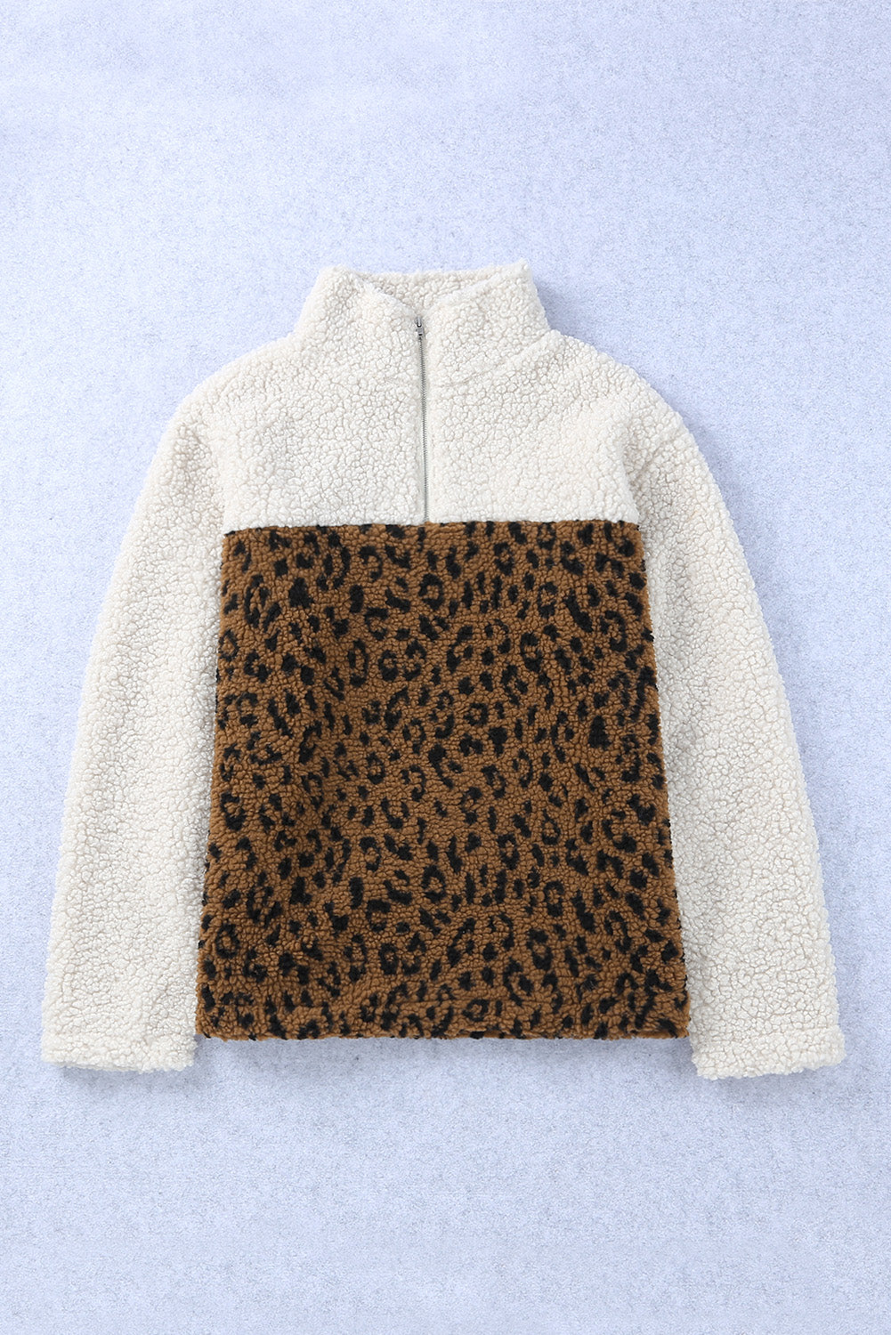 Leopard Plus Size Leopard Colorblock Zipped Sherpa Pullover