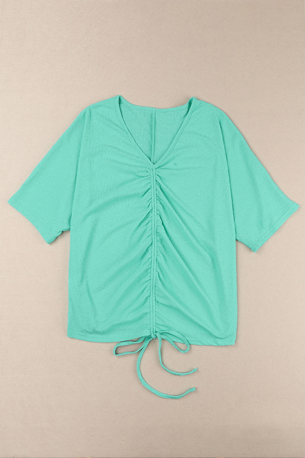 Green Plus Size Ruched Rib Drawstring V Neck Top