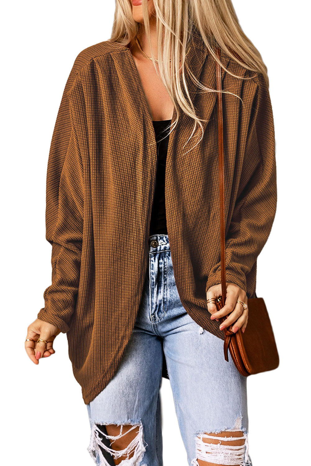 Brown Waffle Knit Open Front Rounded Hem Cardigan