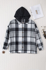 Gray Hooded Plaid Button Front Shacket