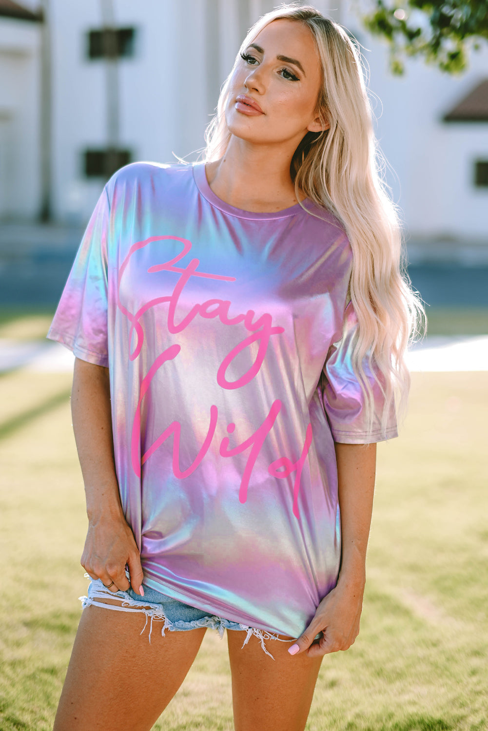 Purple Shiny Iridescent Stay Wild Graphic Oversized Tee