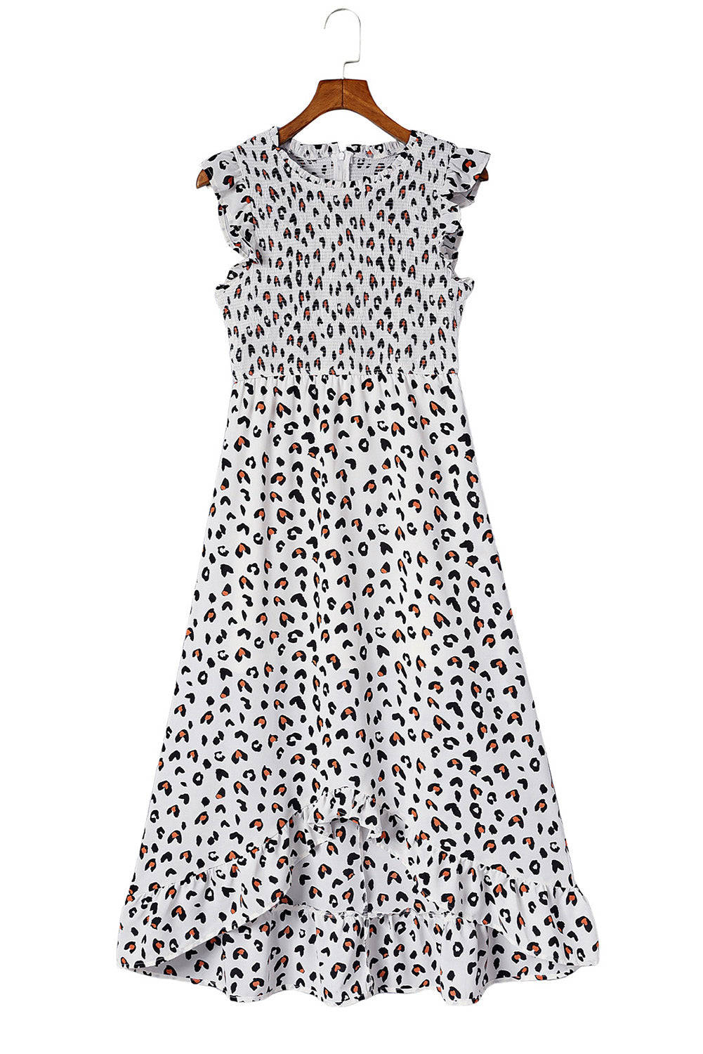 White Leopard Smocked High Low Midi Dress