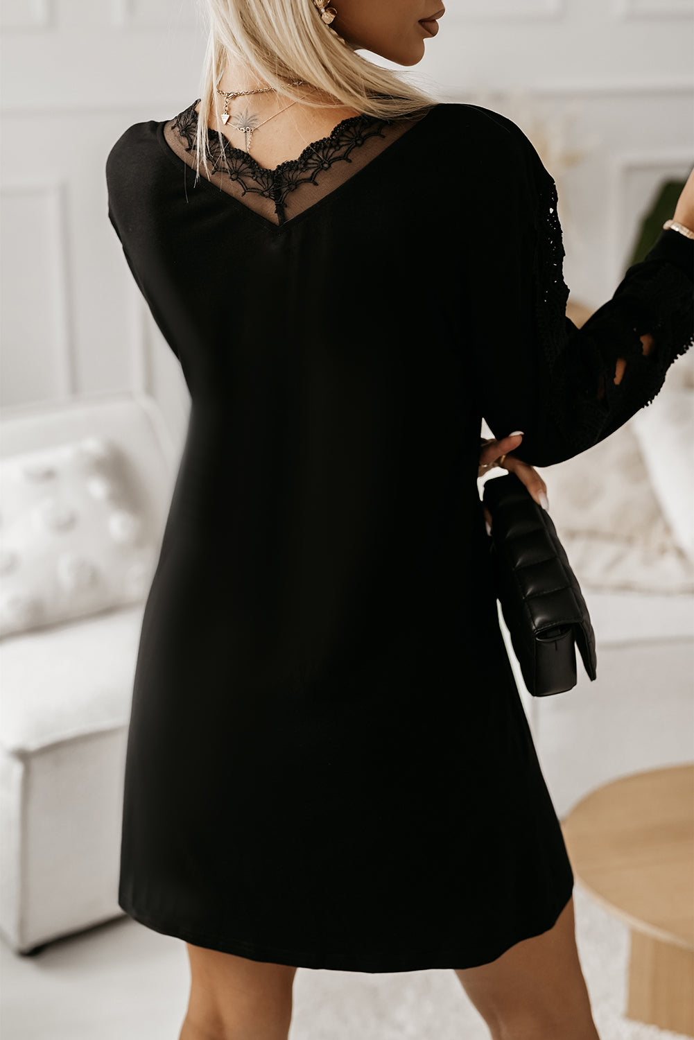 Black Lace Splicing Hollow Out Mini Dress