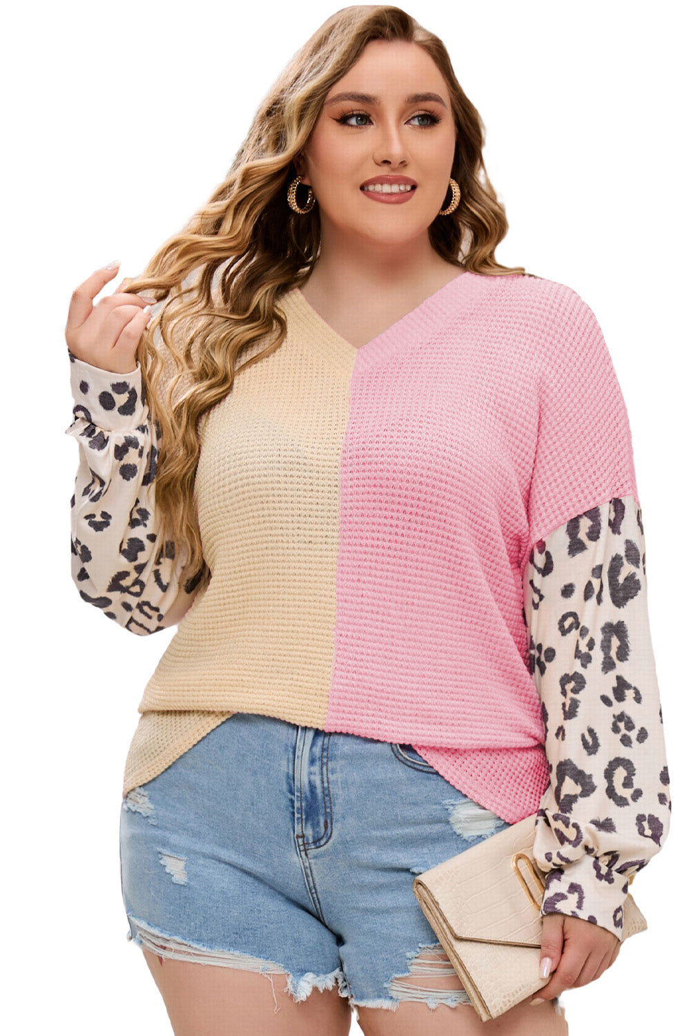 Pink Plus Size Leopard Sleeve Color Block Waffle Knit Top