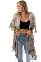 Khaki Printed Border Tassel Trim Slit Kimono