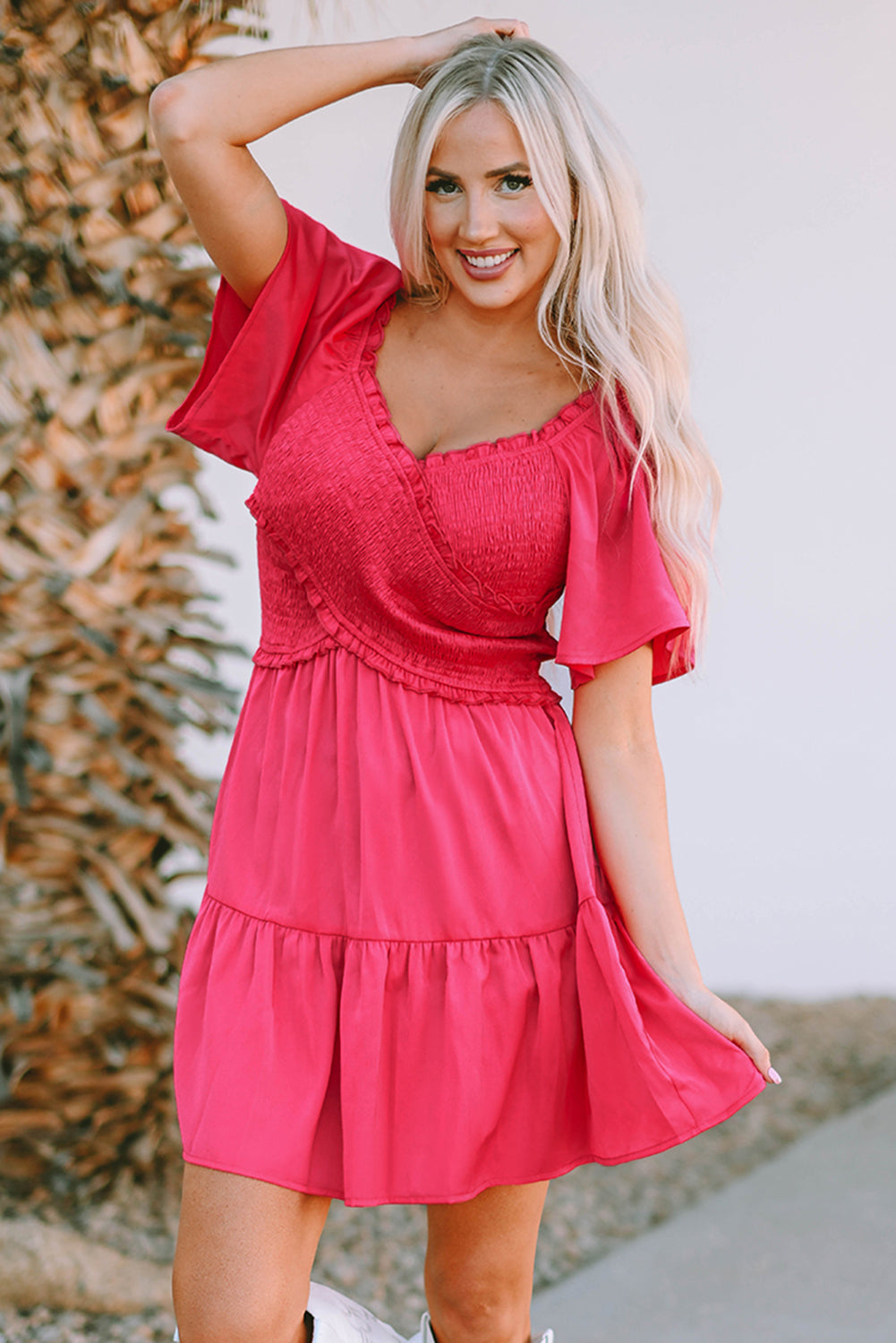 Rose Crossover Smocked Flutter Sleeve Mini Dress