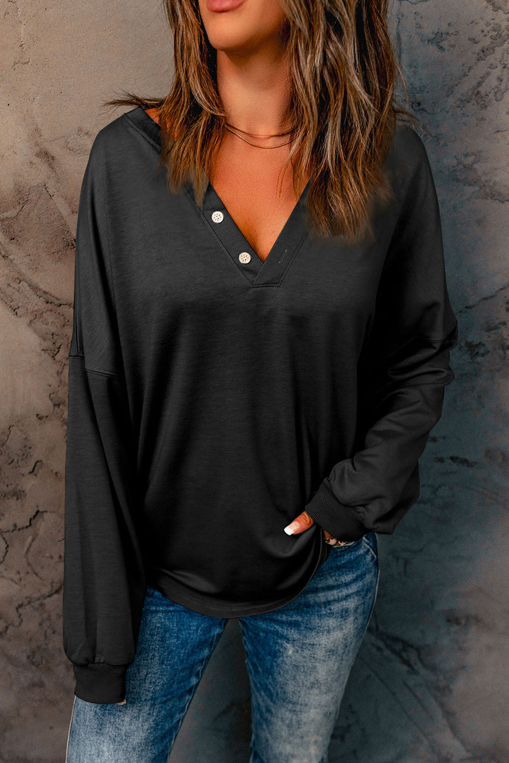 Black Buttoned V Neck Cotton Loose Fit Top