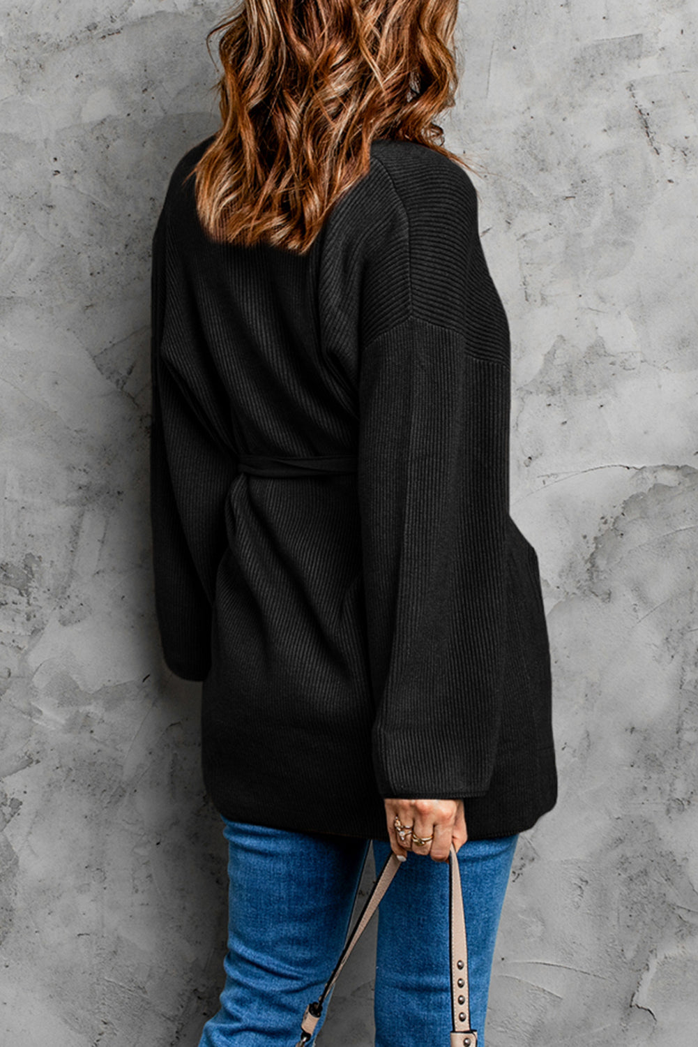 Black Robe Style Rib Knit Pocketed Cardigan with Belt