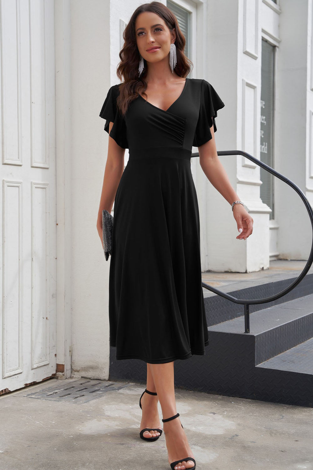 Black Ruffled Sleeve Wrap V Neck Midi Dress