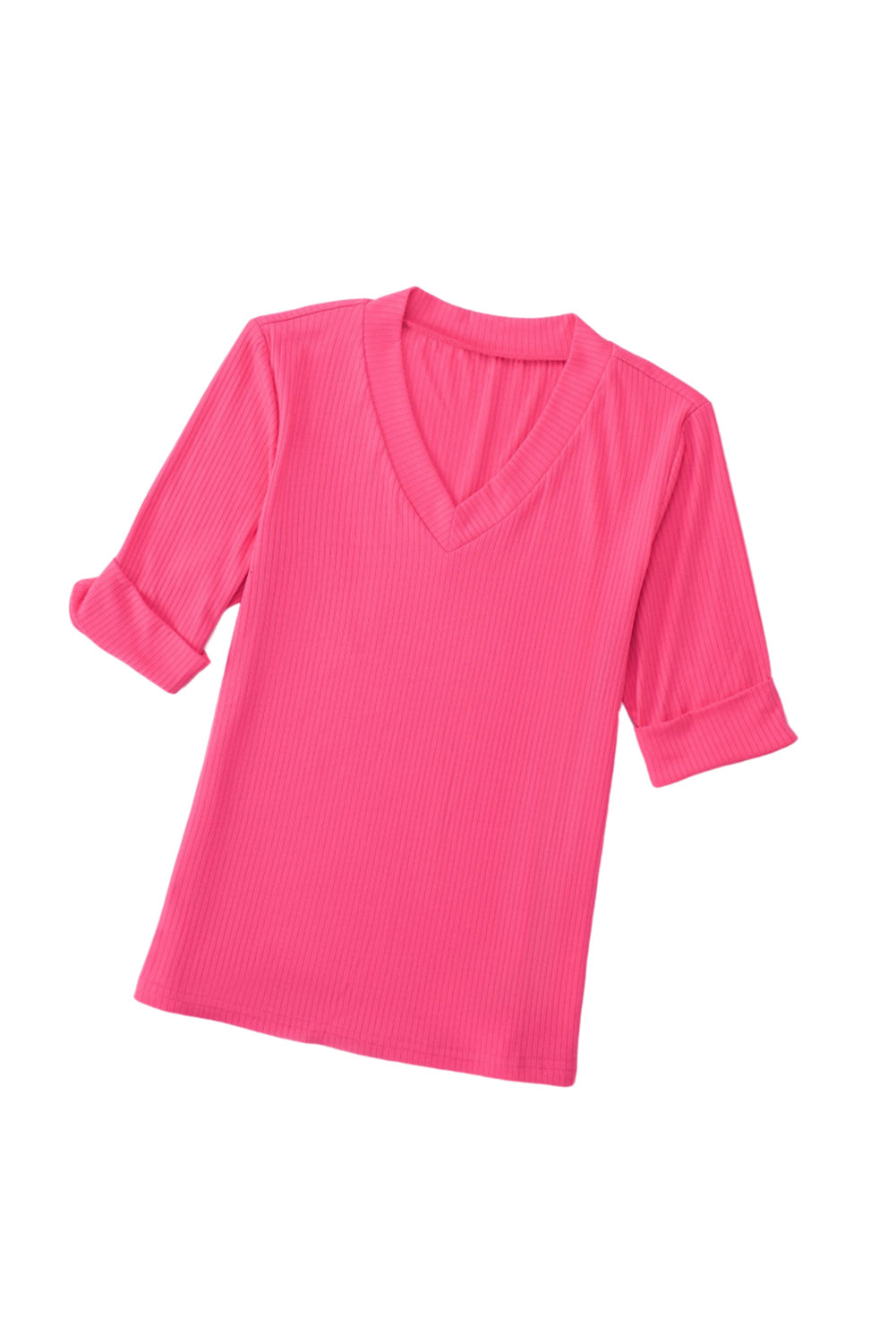 Rose Ribbed V Neck Rolled Short Sleeve T Shirt