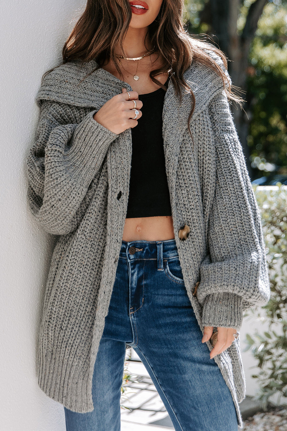 Gray Oversized Turndown Collar Pocketed Cardigan