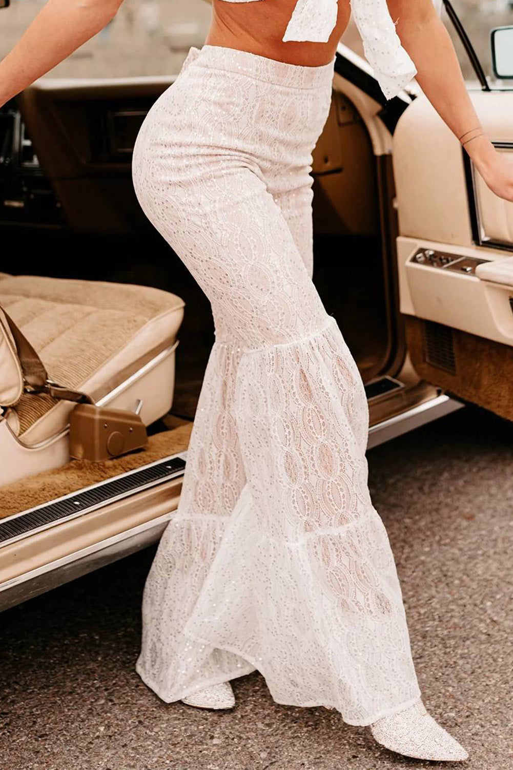 White Sequined Lace Tiered High Waist Flare Pants