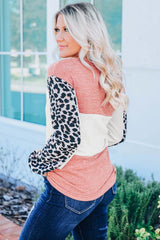 Red Leopard Color Block Knitted Long Sleeve Top