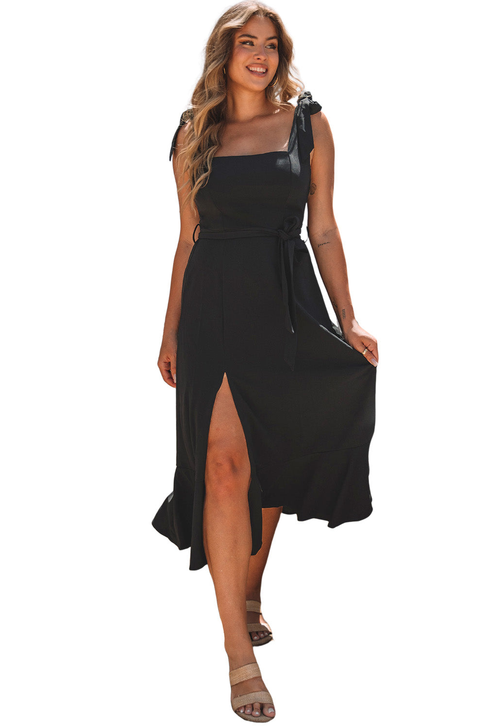 Black Tie Shoulder Smocked Back Side Slit Maxi Dress