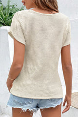 Beige Lace Splicing Waffle Knit Buttons Short Sleeve Blouse