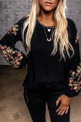 Black Floral Embroidery Long Sleeve Top