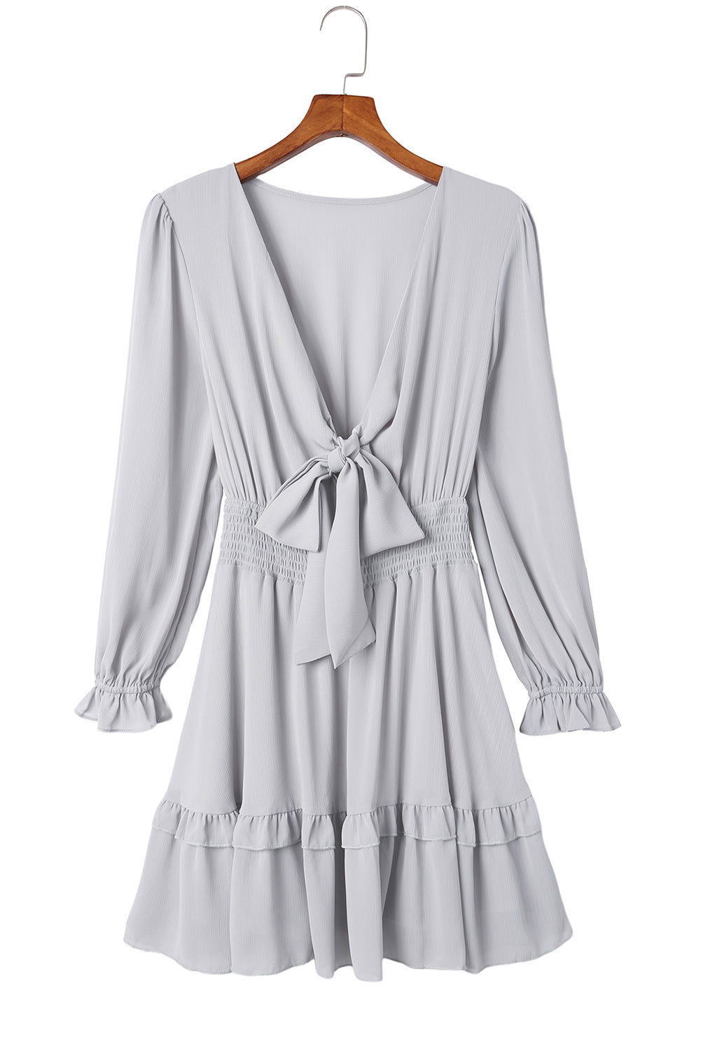 Amicgp V Neck Lantern Sleeve Knotted Tiered Mini Dress