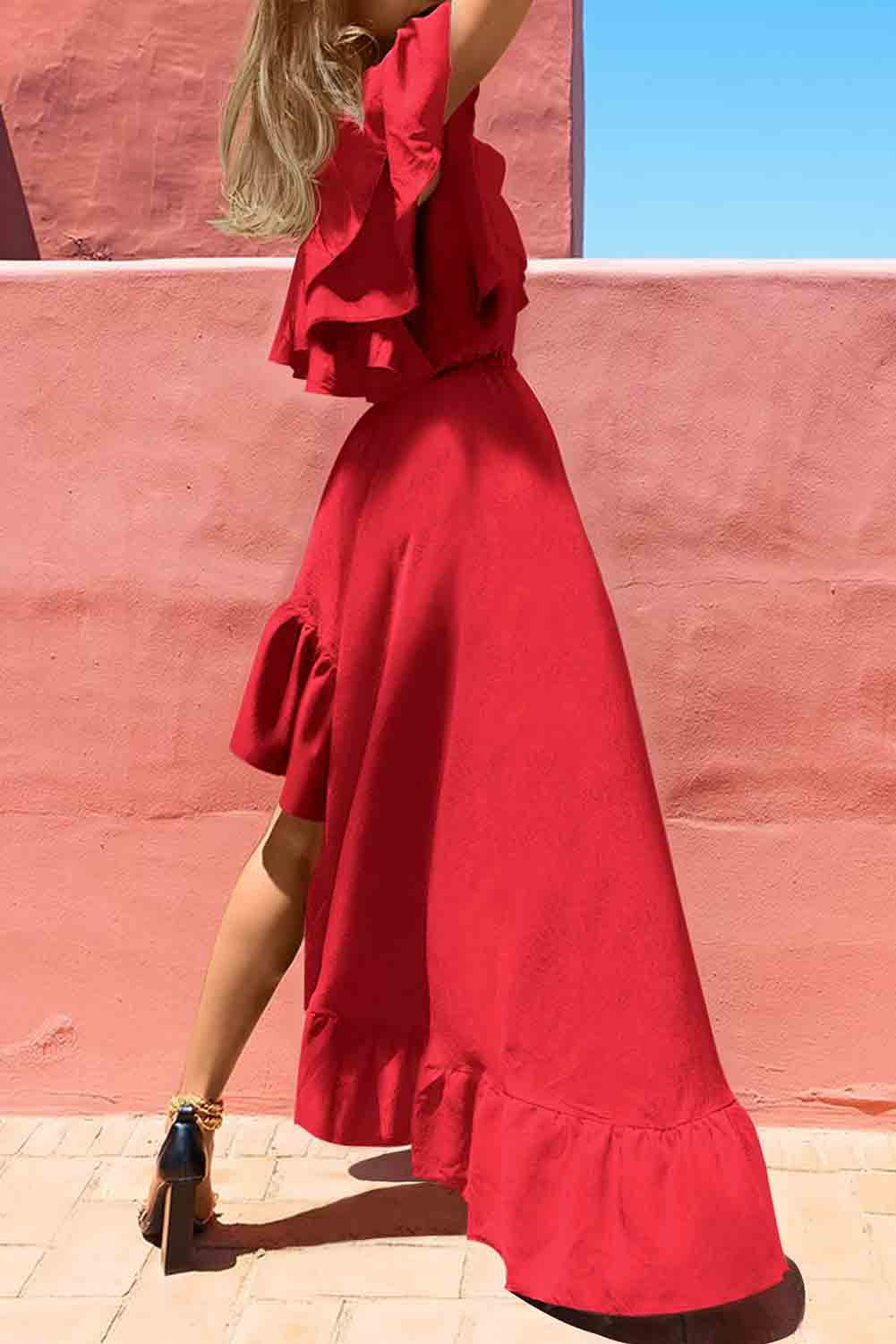 Red One Shoulder Ruffle High Low Maxi Dress