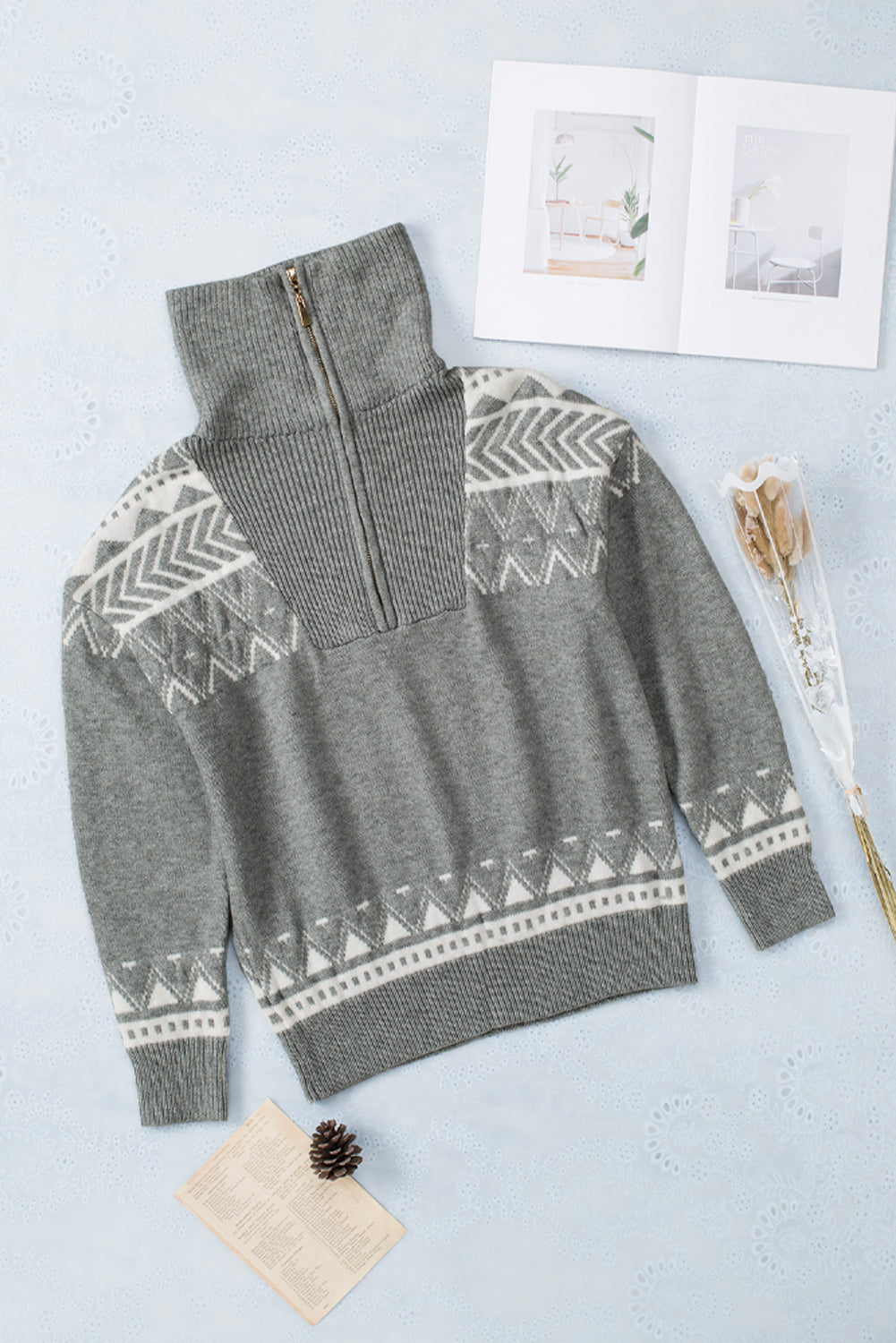 Blue Geometry Knit Quarter Zip Sweater