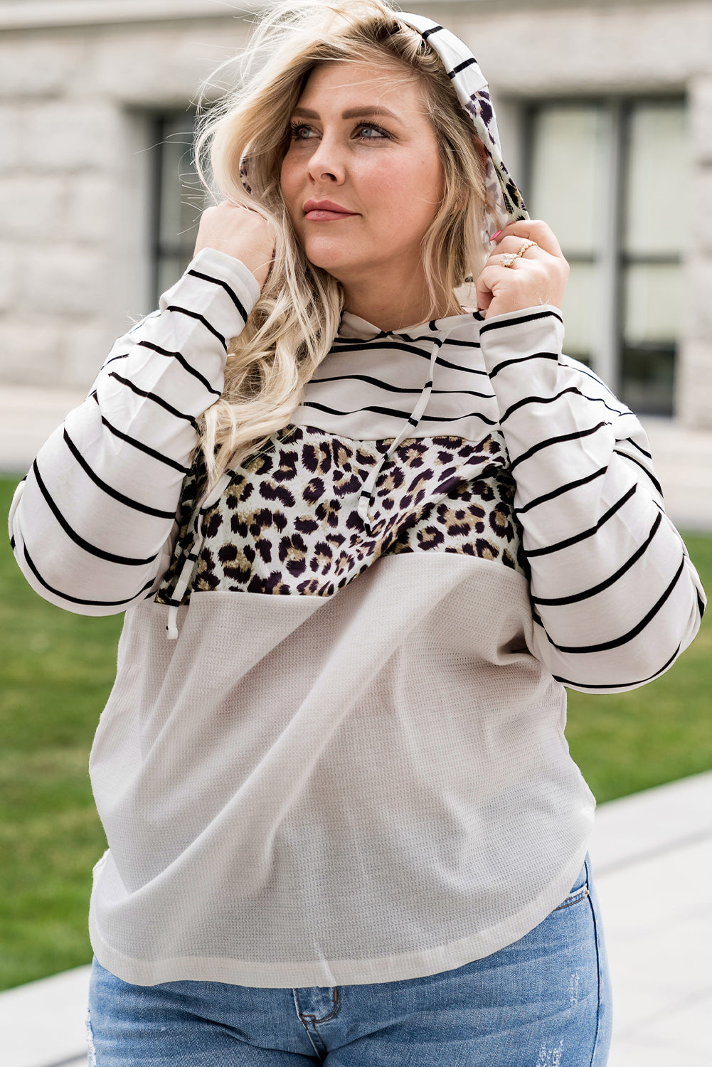 White Striped Leopard Block Patchwork Plus Size Hoodie