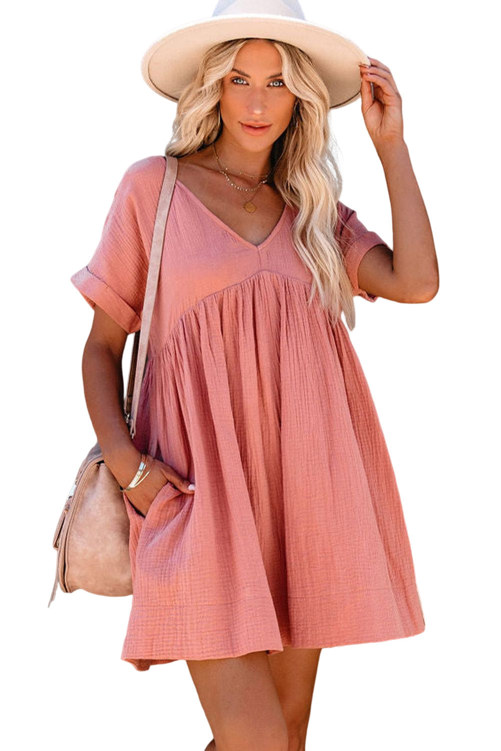 Gray Roll Up Short Sleeve V Neck Babydoll Mini Dress