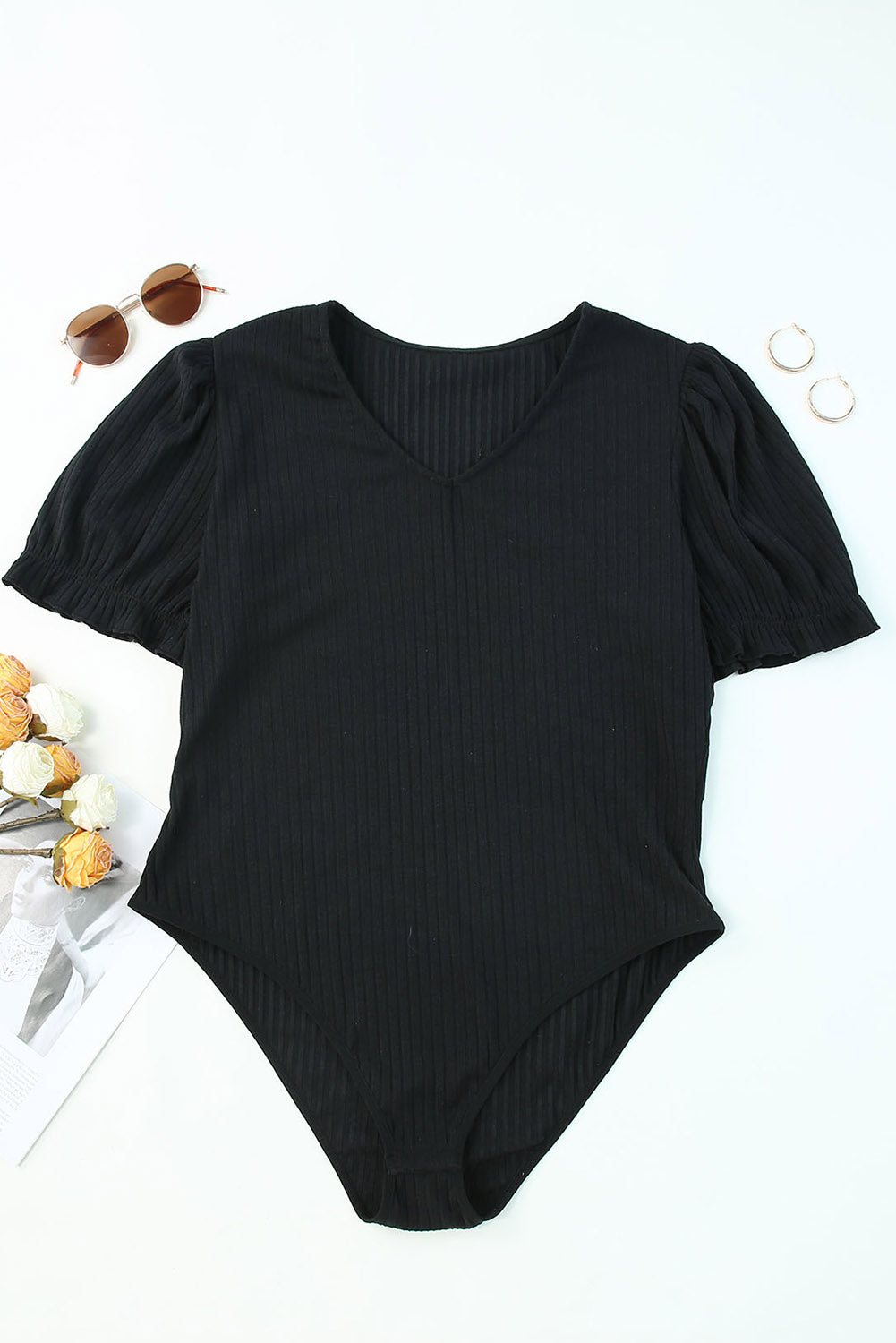 Black Plus Size Ribbed Knit Puff Sleeve Bodysuit