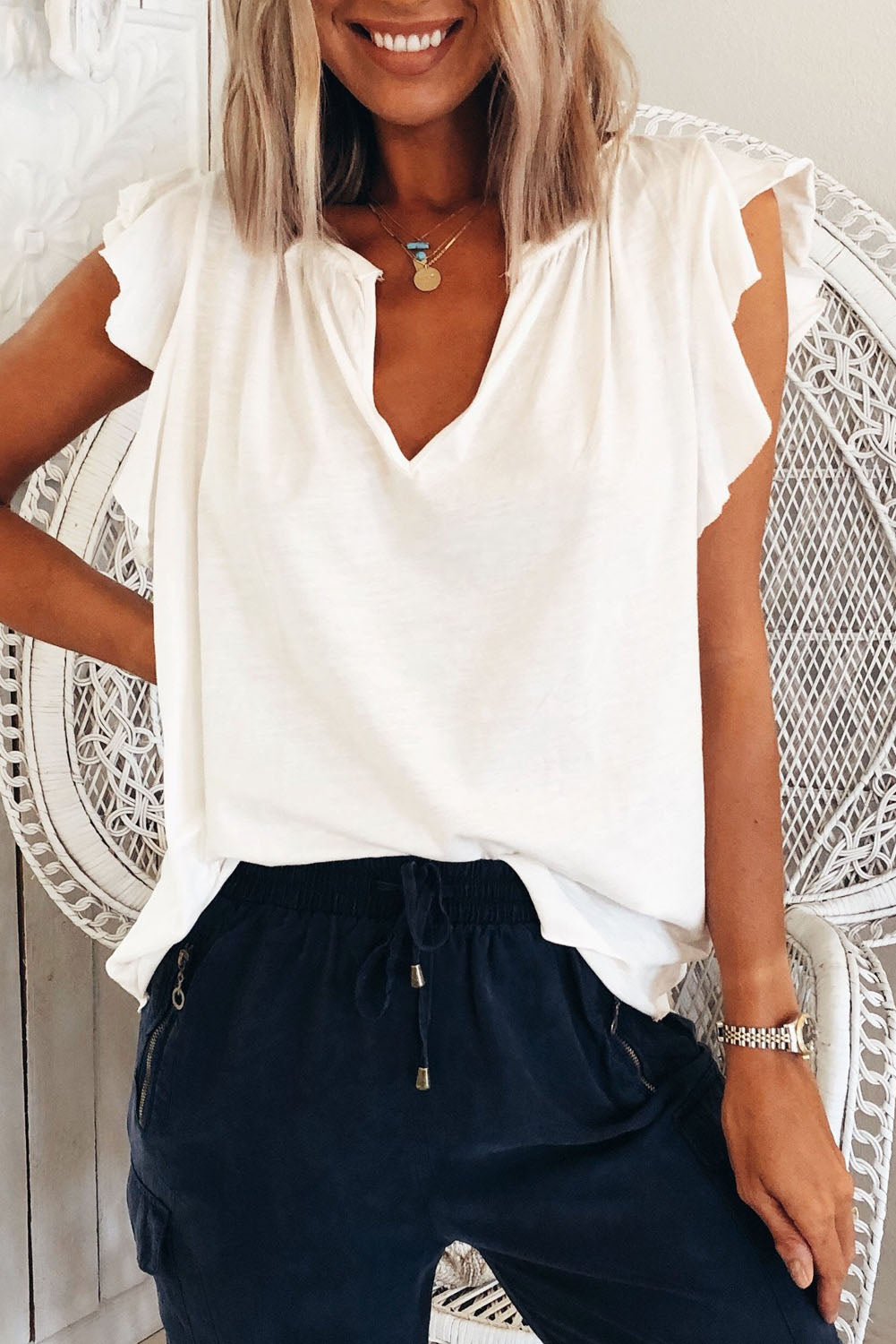 White Casual Solid V Neck Butterfly Sleeve Top