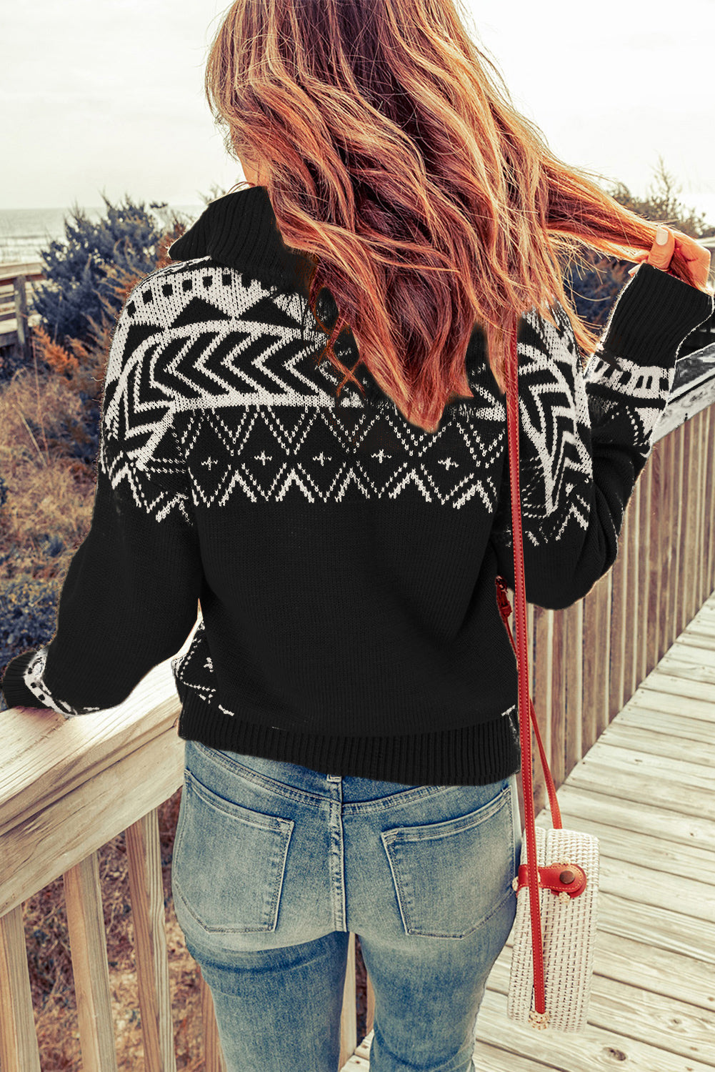 Blue Geometry Knit Quarter Zip Sweater