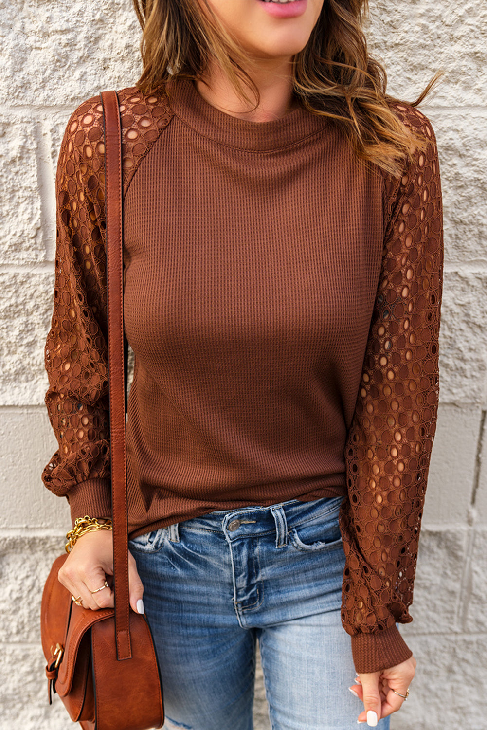 Brown Lace Contrast Long Sleeve Waffle Knit Top